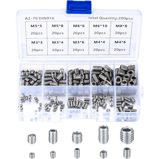 200 pcs Stainless Steel Grub Screws, M3 M4 M5 M6 M8 Machine Screws, Assortment Kit Fasteners Grub Screws V1188-MS-227-0751