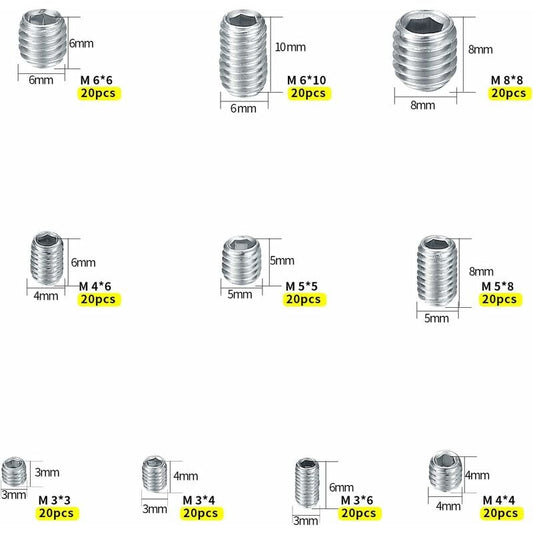 200 pcs Stainless Steel Grub Screws, M3 M4 M5 M6 M8 Machine Screws, Assortment Kit Fasteners Grub Screws V1188-MS-227-0751
