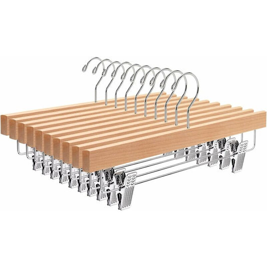 Home 10 Pack 32Cm Natural Wooden Hangers For Pants Skirts Socks Underwear Non-Slip Hangers With Clips V1188-MS-227-0790