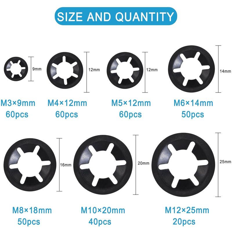 Universal Lock Washers Lock Washer M3 M4 M5 M6 M8 M10 M12 Starlock Washer Quick Push Fasteners Assortment Kit V1188-MS-227-0814