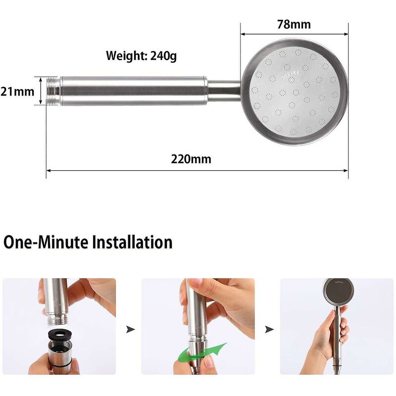 304 Stainless Steel High Pressure Shower Head Bathroom Shower Head Water Saving Easy Installation V1188-MS-227-0821