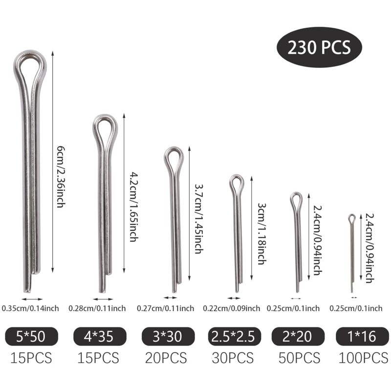 230 pcs Stainless Steel Cotter Pins M1 M2.5 M3 M4 M5 Retaining Pin Assortment Kit With Storage Box V1188-MS-227-0833