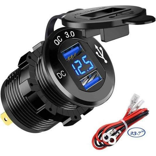 Fast Usb Car Charger Dual Qc3.0 Usb Ports, 12V/24V 36W Waterproof With LED Digital Voltmeter For Motorcycle, V1188-MS-227-0887