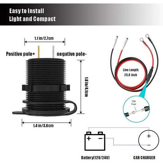 Fast Usb Car Charger Dual Qc3.0 Usb Ports, 12V/24V 36W Waterproof With LED Digital Voltmeter For Motorcycle, V1188-MS-227-0887
