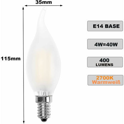 LED Bulb E14 Flame, Candle Shape, Warm White 2700K, 4W Incandescent Equivalent 40W, 400Lm, Pack Of 12 [Energy V1188-MS-227-0892
