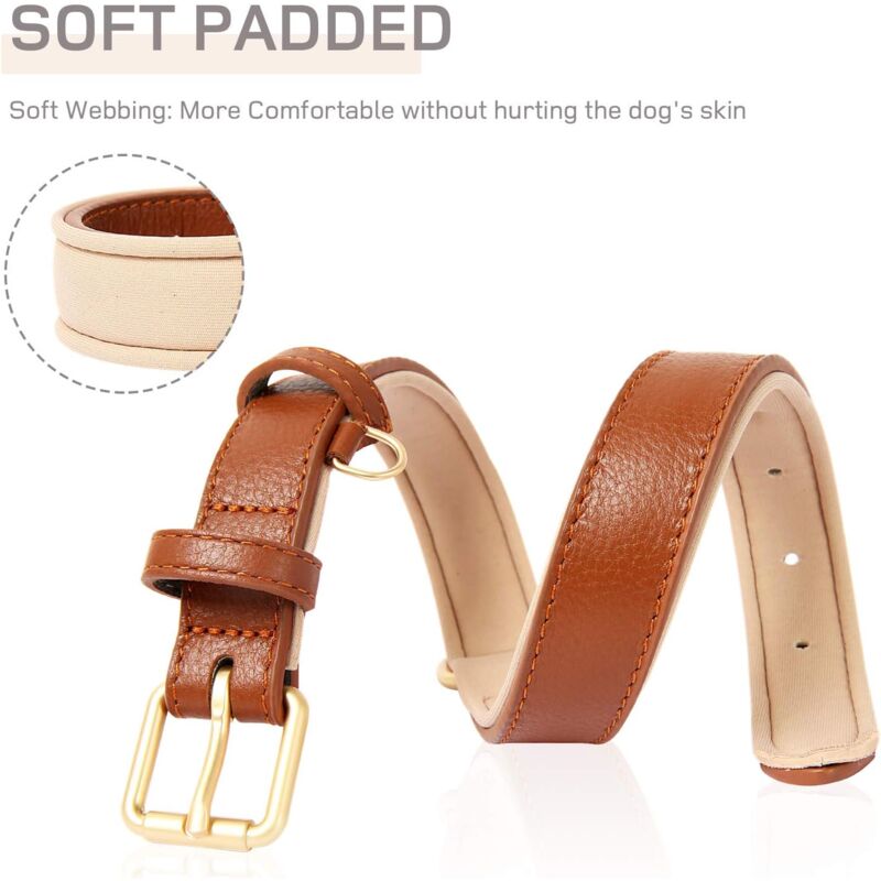 Leather Dog Collar, Adjustable Dog Collar Soft Padded Leather Cushion For Small, Medium Or Large Dogs, Brown, V1188-MS-227-0915