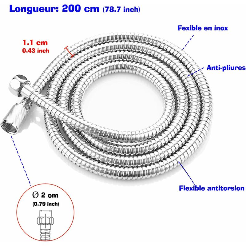 Shower Hose, 2M Stainless Steel Shower Hose, Universal Shower Hose, Universal Threaded Connector (G1/2 Inch) V1188-MS-227-0963
