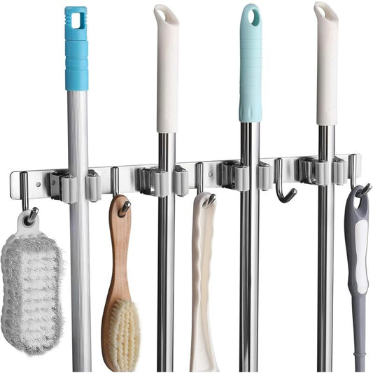 Stainless Steel Wall Mounted Broom Holder, Wall Mounted Broom Hanger With 4 Slots And 5 Hooks For Kitchen, V1188-MS-227-1002