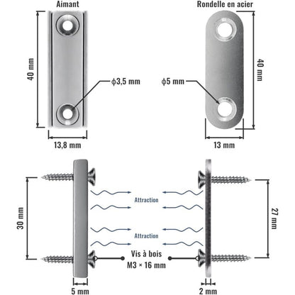 2 pcs Rectangular Neodymium Magnets With Hole 40X13.8X5Mm, 15Kg Force + 2 Steel Washers + 8 Screws Included V1188-MS-227-1028