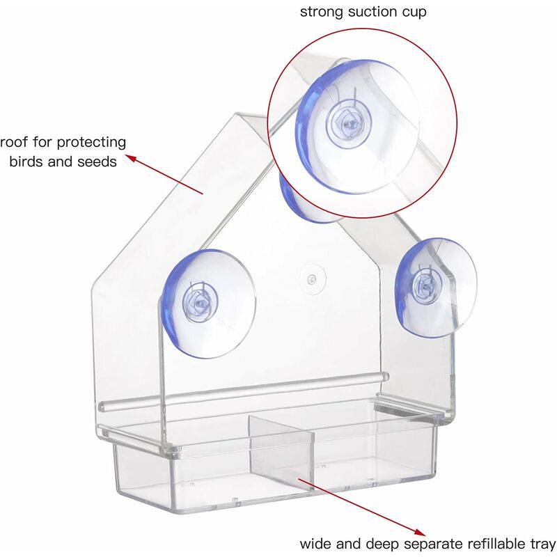 Clear Bird Feeder With Super Strong Suction Cups Removable Tray Refillable Weatherproof V1188-MS-227-1048