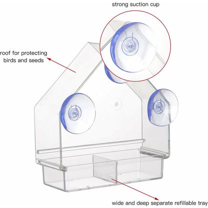 Clear Bird Feeder With Super Strong Suction Cups Removable Tray Refillable Weatherproof V1188-MS-227-1048