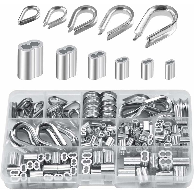 250 pcs 6 Sizes Aluminum Wire ROpe Thimbles Assortment Double Barrel Sleeves & 5 Size Thimbles For Wire ROpe V1188-MS-227-1058