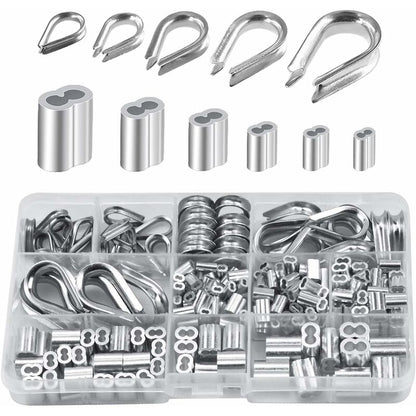 250 pcs 6 Sizes Aluminum Wire ROpe Thimbles Assortment Double Barrel Sleeves & 5 Size Thimbles For Wire ROpe V1188-MS-227-1058
