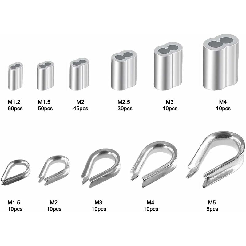250 pcs 6 Sizes Aluminum Wire ROpe Thimbles Assortment Double Barrel Sleeves & 5 Size Thimbles For Wire ROpe V1188-MS-227-1058