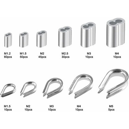 250 pcs 6 Sizes Aluminum Wire ROpe Thimbles Assortment Double Barrel Sleeves & 5 Size Thimbles For Wire ROpe V1188-MS-227-1058