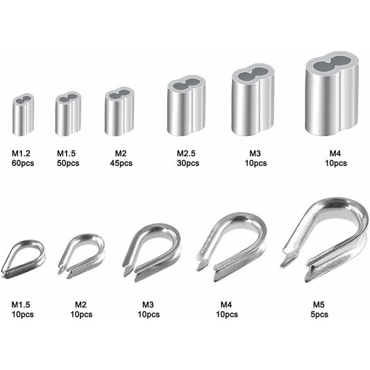 250 pcs 6 Sizes Aluminum Wire ROpe Thimbles Assortment Double Barrel Sleeves & 5 Size Thimbles For Wire ROpe V1188-MS-227-1058