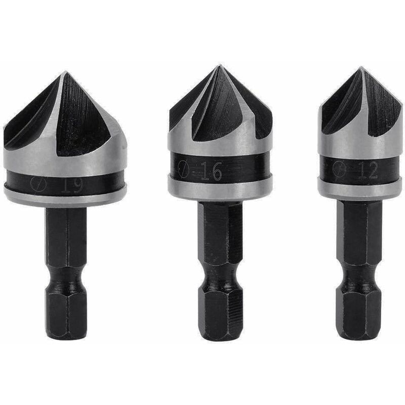 3 pcs 1/4" Hex Hcs Countersink Bit 5 Flute Countersink Drill Bits Countersink Bit 12Mm/16Mm/19Mm For Wood V1188-MS-227-1075