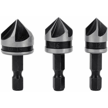 3 pcs 1/4" Hex Hcs Countersink Bit 5 Flute Countersink Drill Bits Countersink Bit 12Mm/16Mm/19Mm For Wood V1188-MS-227-1075