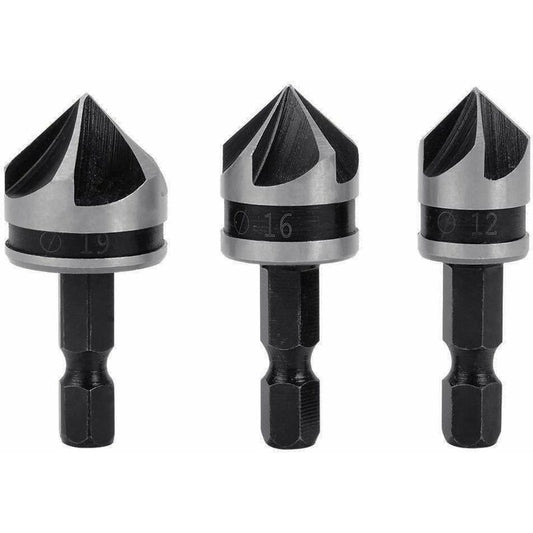 3 pcs 1/4" Hex Hcs Countersink Bit 5 Flute Countersink Drill Bits Countersink Bit 12Mm/16Mm/19Mm For Wood V1188-MS-227-1075