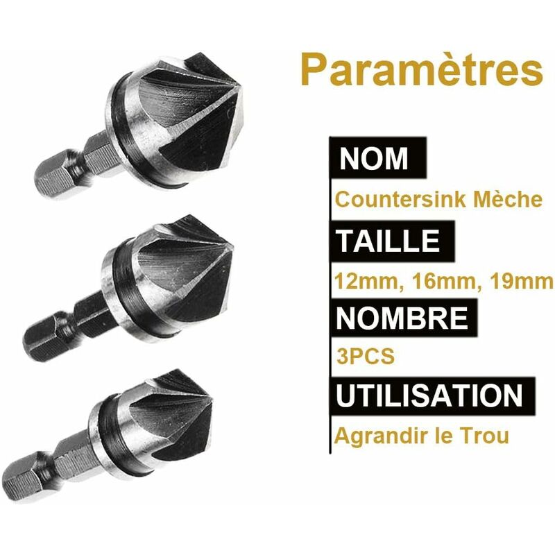 3 pcs 1/4" Hex Hcs Countersink Bit 5 Flute Countersink Drill Bits Countersink Bit 12Mm/16Mm/19Mm For Wood V1188-MS-227-1075