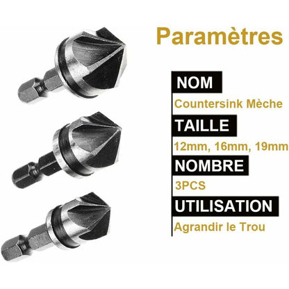 3 pcs 1/4" Hex Hcs Countersink Bit 5 Flute Countersink Drill Bits Countersink Bit 12Mm/16Mm/19Mm For Wood V1188-MS-227-1075