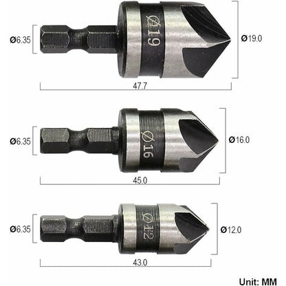 3 pcs 1/4" Hex Hcs Countersink Bit 5 Flute Countersink Drill Bits Countersink Bit 12Mm/16Mm/19Mm For Wood V1188-MS-227-1075