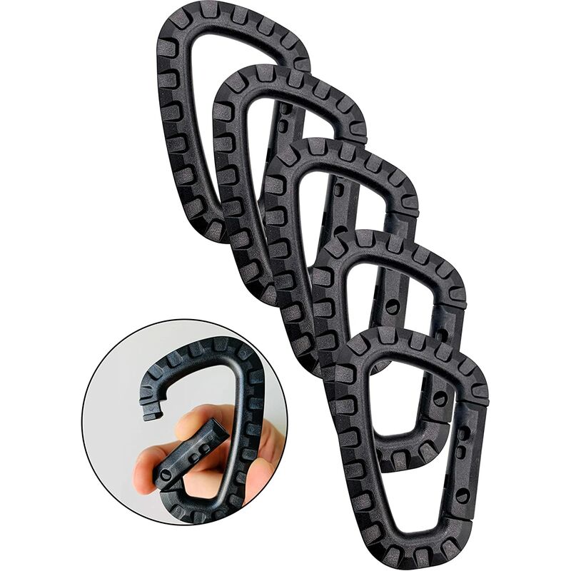 5 Pack Plastic Carabiners - Black - D-Shaped V1188-MS-227-1188