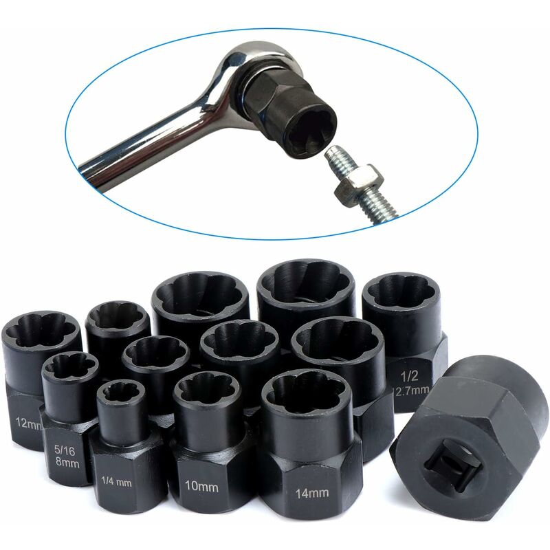 13 pcs Twist Socket Set, 9.5Mm DAmaged Bolt Extractor, Handle Nut Extractor Socket Sets For Locking Wheel Nut V1188-MS-227-1211
