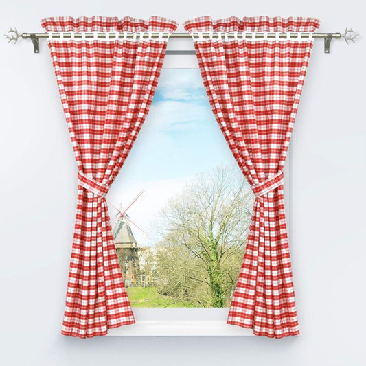 2 pcs Set Perforated Opaque Curtains With 2 Tiebacks Plaid Pattern Window Decoration For Bedroom Indoor Red V1188-MS-227-1227
