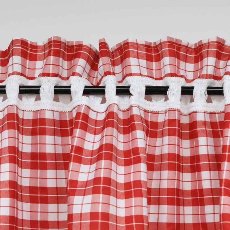2 pcs Set Perforated Opaque Curtains With 2 Tiebacks Plaid Pattern Window Decoration For Bedroom Indoor Red V1188-MS-227-1227
