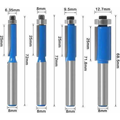 4 pcs 8Mm Copy Bit Diy Woodworking Milling Cutter Tools With Top Bearing, Flush Trim ROuter Bit Shank V1188-MS-227-1247