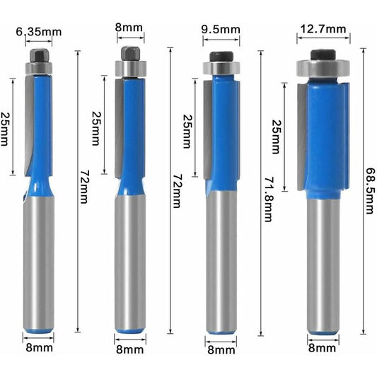 4 pcs 8Mm Copy Bit Diy Woodworking Milling Cutter Tools With Top Bearing, Flush Trim ROuter Bit Shank V1188-MS-227-1247