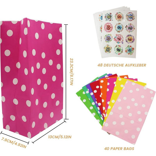 40 pcs Color Kraft Bag Birthday Gift Bag 48 pcs ROund Sticker Gift Bags Craft Paper Bag For Candy Cookies V1188-MS-227-1340