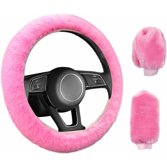 3 pcs Car Steering Wheel Cover Anti-Slip Elastic Pink Plush Universal Car Steering Wheel Cover With Handbrake V1188-MS-227-1345
