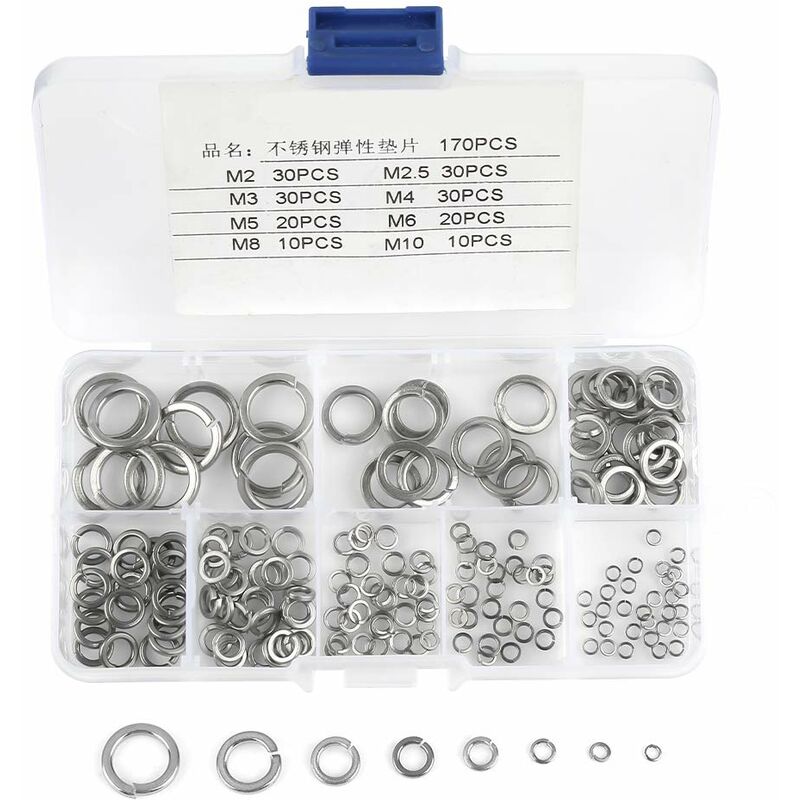 180 pcs 8 Size 304 Stainless Steel Spring Washer Assortment Kit, Spring Washers Kit M2.5 M3 M4 M5 M6 M8 M10 V1188-MS-227-1349