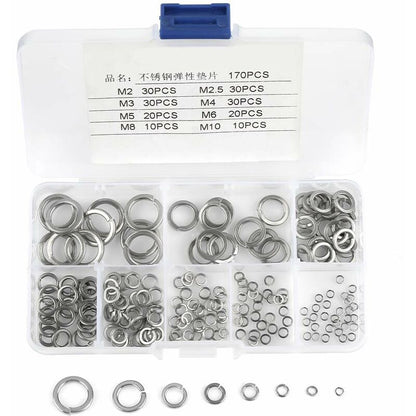 180 pcs 8 Size 304 Stainless Steel Spring Washer Assortment Kit, Spring Washers Kit M2.5 M3 M4 M5 M6 M8 M10 V1188-MS-227-1349