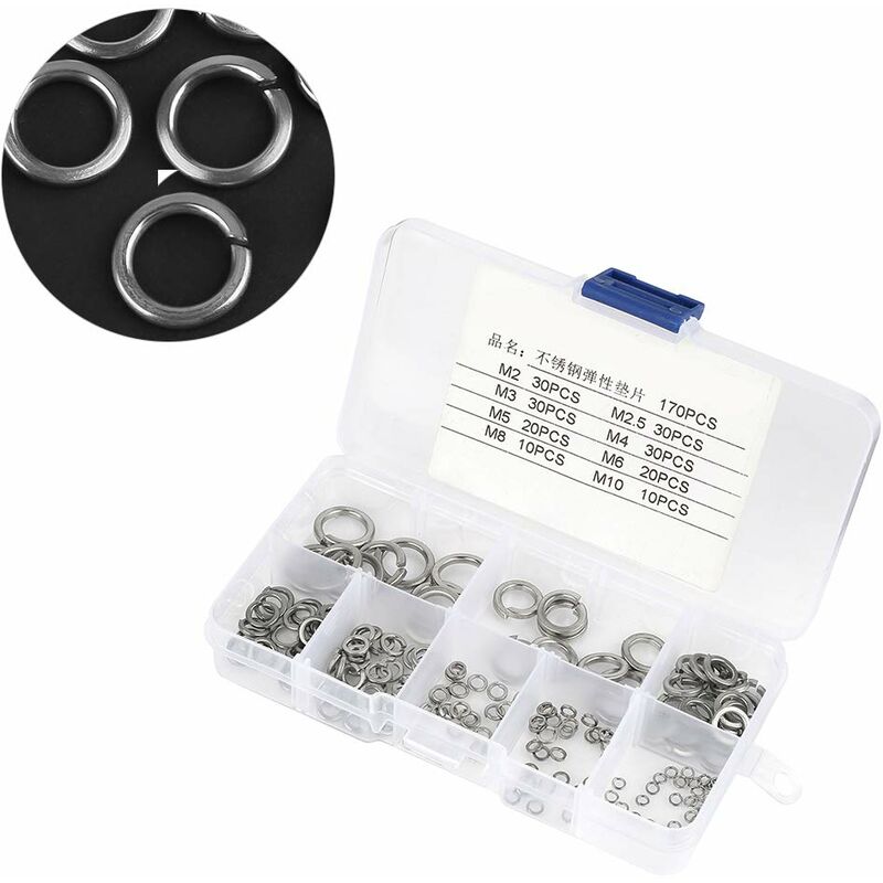 180 pcs 8 Size 304 Stainless Steel Spring Washer Assortment Kit, Spring Washers Kit M2.5 M3 M4 M5 M6 M8 M10 V1188-MS-227-1349
