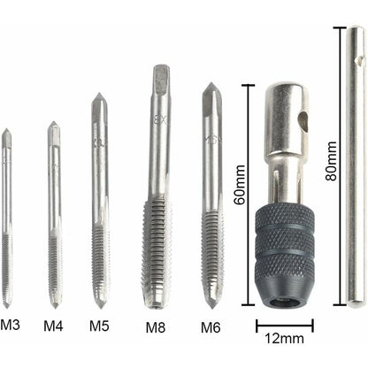 5 pcs Metric Hand Straight Flute Taps Assortment M3 M4 M5 M6 M8 With 1Pc Adjustable Wrench, Steel Thread Tap V1188-MS-227-1361
