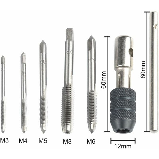 5 pcs Metric Hand Straight Flute Taps Assortment M3 M4 M5 M6 M8 With 1Pc Adjustable Wrench, Steel Thread Tap V1188-MS-227-1361
