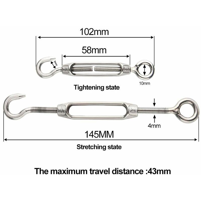 6 pcs Wire Tensioner M4 Stainless Steel Adjustable Turnbuckle Hook And Eye Set Heavy Duty V1188-MS-227-1400