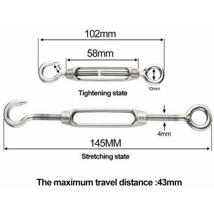 6 pcs Wire Tensioner M4 Stainless Steel Adjustable Turnbuckle Hook And Eye Set Heavy Duty V1188-MS-227-1400