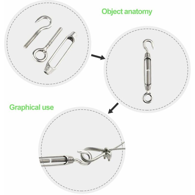 6 pcs Wire Tensioner M4 Stainless Steel Adjustable Turnbuckle Hook And Eye Set Heavy Duty V1188-MS-227-1400