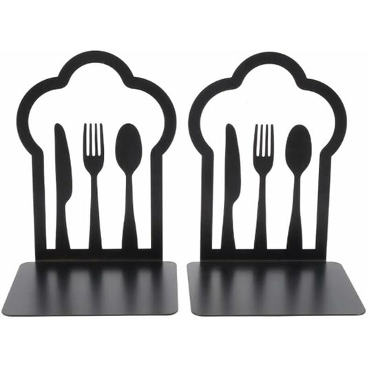 Pair Of Heavy Duty Metal Bookends - Unique Design - For Kitchen, Home, School, Office, Library - Black V1188-MS-227-1433