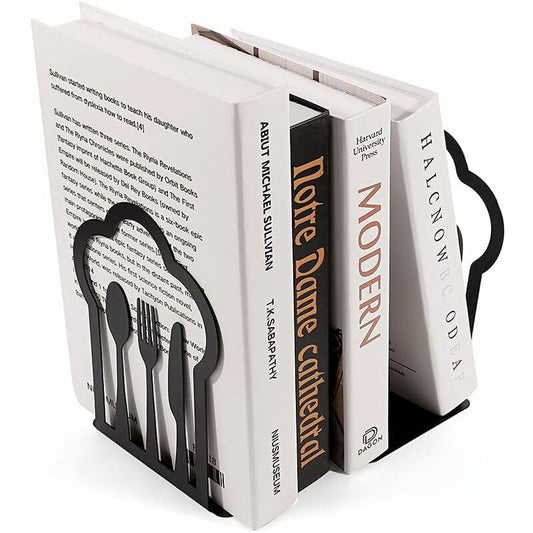 Pair Of Heavy Duty Metal Bookends - Unique Design - For Kitchen, Home, School, Office, Library - Black V1188-MS-227-1433