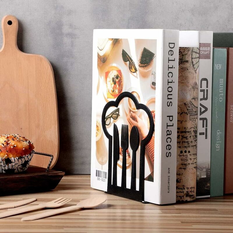 Pair Of Heavy Duty Metal Bookends - Unique Design - For Kitchen, Home, School, Office, Library - Black V1188-MS-227-1433