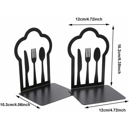 Pair Of Heavy Duty Metal Bookends - Unique Design - For Kitchen, Home, School, Office, Library - Black V1188-MS-227-1433