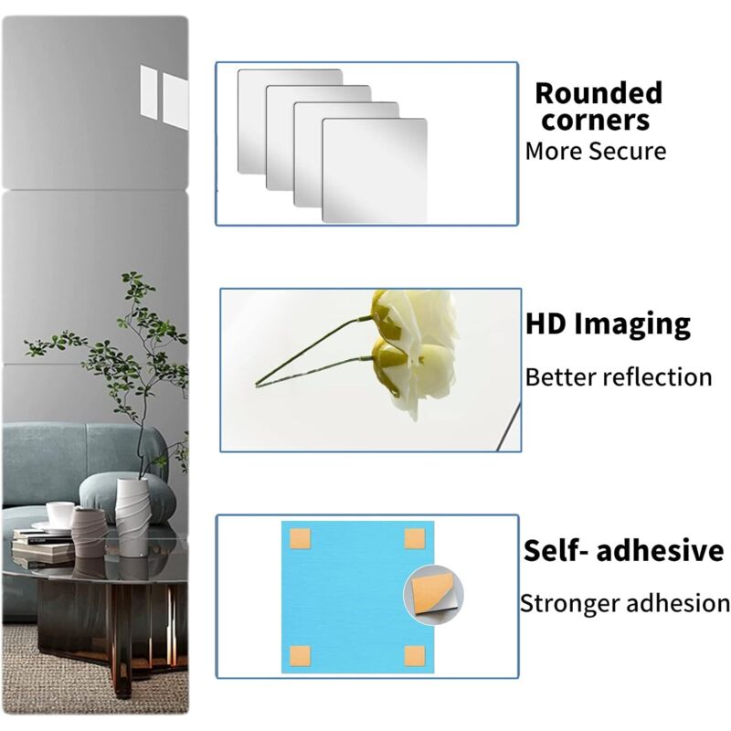 4 Pieces Mirror Sticker, 20 X 20 Cm Acrylic Adhesive Mirror Door, Square Wall Sticky Mirror Flexible V1188-MS-227-1471