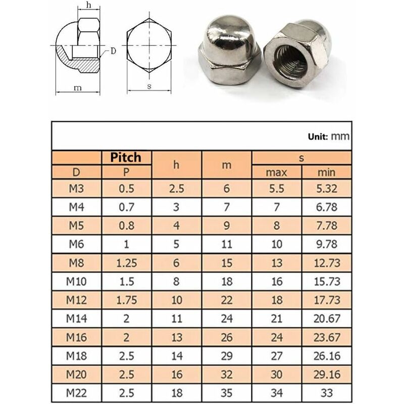 M6 Acorn Cap Nut Hex Nut Set 304 Stainless Steel (30 pcs) V1188-MS-227-1508