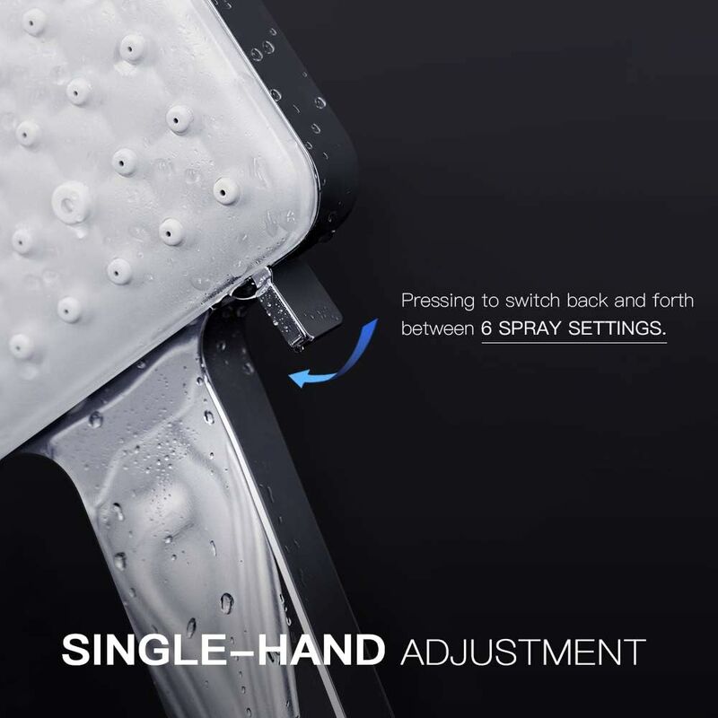 Shower Head, Large Square Shower Head With One-Hand Control, High Pressure Shower Head With 6 Shower Modes, V1188-MS-227-1525