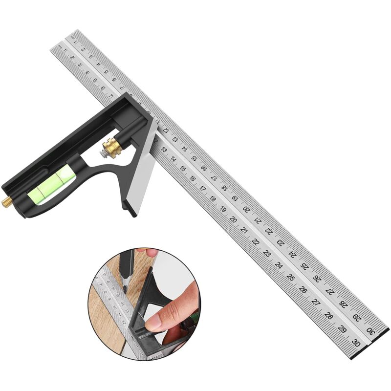 Combination Square, 12'/300Mm Stainless Steel Square Carpentry Tools, 45/90 Degree Ruler With Spirit Level. V1188-MS-227-1553
